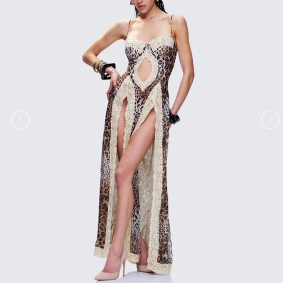 Finesse Sleeveless Lace Cut out Leopard Print Maxi Dress Brown Size XS - Picture 1 of 13